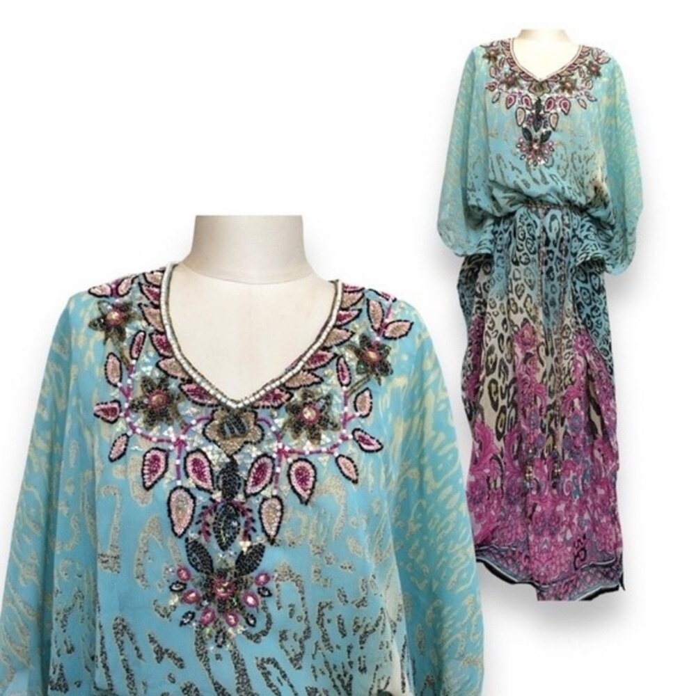 Embellished Blue and Pink Animal print beach Dress/cover up